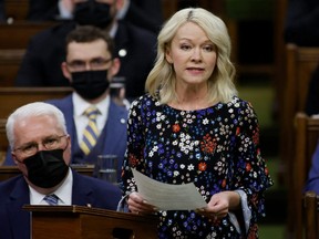 Conservative party interim leader Candice Bergen speaks during Question Period in the House of Commons on Parliament Hill on Feb. 21, 2022.