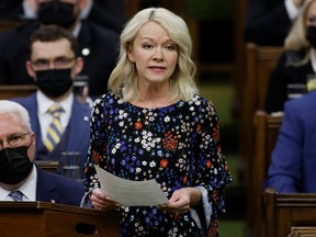 Canada's Conservative party interim leader Candice Bergen speaks during Question Period in the House of Commons on Parliament Hill on Feb. 21, 2022.