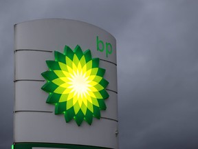 An illuminated BP logo is seen at a petrol station in Gateshead, Britain Sept. 23, 2021.
