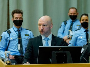 Mass killer Anders Behring Breivik attends the second day of his trial where he is requesting release on parole, at a makeshift courtroom in Skien prison, Skien, Norway January 19, 2022.