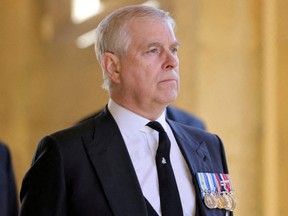 Prince Andrew, Duke of York, looks on during the funeral of his father, Prince Philip, in Windsor, on April 17, 2021.