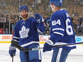Maple Leafs' T.J.Brodie 
(left) congratulates teammate David Kampf on his goal against the Pittsburgh Penguins at Scotiabank Arena on Thursday, Feb. 17, 2022 in Toronto.