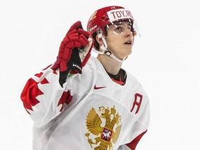 Russia's Rodion Amirov (27) celebrates his goal on a penalty shot against Austria during first period IIHF World Junior Hockey Championship action in Edmonton on Tuesday, December 29, 2020.