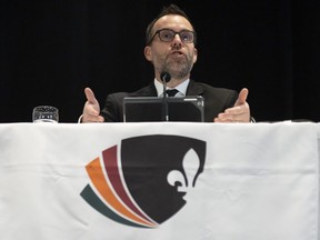 UPAC Commissioner Frederick Gaudreau defends the anti-corruption unit as he presents his annual reports, during a news conference, Tuesday, November 9, 2021  in Quebec City.