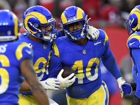 Los Angeles Rams outside linebacker Von Miller (40) and defensive end Aaron Donald (99) should put plenty of heat on Bengals QB Joe Burrow in Sunday's Super Bowl.