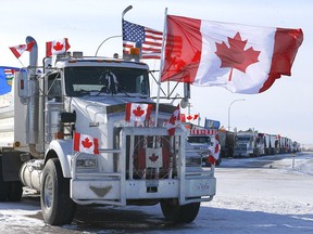 An agreement between truckers and RCMP saw one lane of traffic opened both ways at the Coutts border crossing on Wednesday, Feb. 2, 2022.