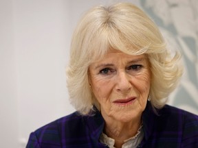 In this file photo taken on Feb. 10, 2022, Camilla, Duchess of Cornwall, reacts as she speaks with Nicola, a sexual assault surviver, during a visit at the clinic Paddington Haven, a sexual assault referral centre in West London.