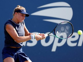 Dayana Yastremska of Ukraine in action against Angelique Kerber of Germany in a first round match at the 2021 U.S. Open at USTA Billie King National Tennis Center in Flushing, N.Y., Aug. 30, 2021.