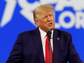 Former U.S. President Donald Trump speaks during the Conservative Political Action Conference in Orlando, Fla., Saturday, Feb. 26, 2022.