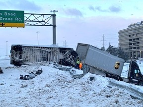 A transport truck crash on Hwy. 401 westbound at Dixon Rd. on Friday, Feb. 18, 2022.