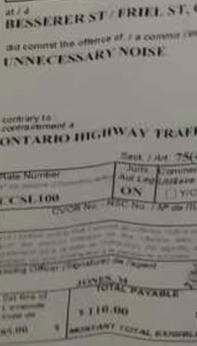 A supplied image of the ticket issued to Gerry Charlebois by Ottawa Police for unnecessary noise.