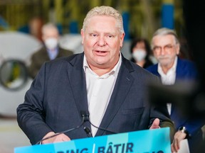 Premier Doug Ford speaks at an announcement in Hamilton on Tuesday, Feb. 15, 2022.