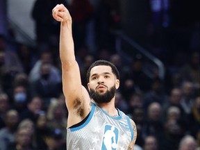 Fred VanVleet of Team LeBron follows through on a shot in the first half during the 2022 NBA All-Star Game at Rocket Mortgage Fieldhouse on Feb. 20, 2022 in Cleveland, Ohio.