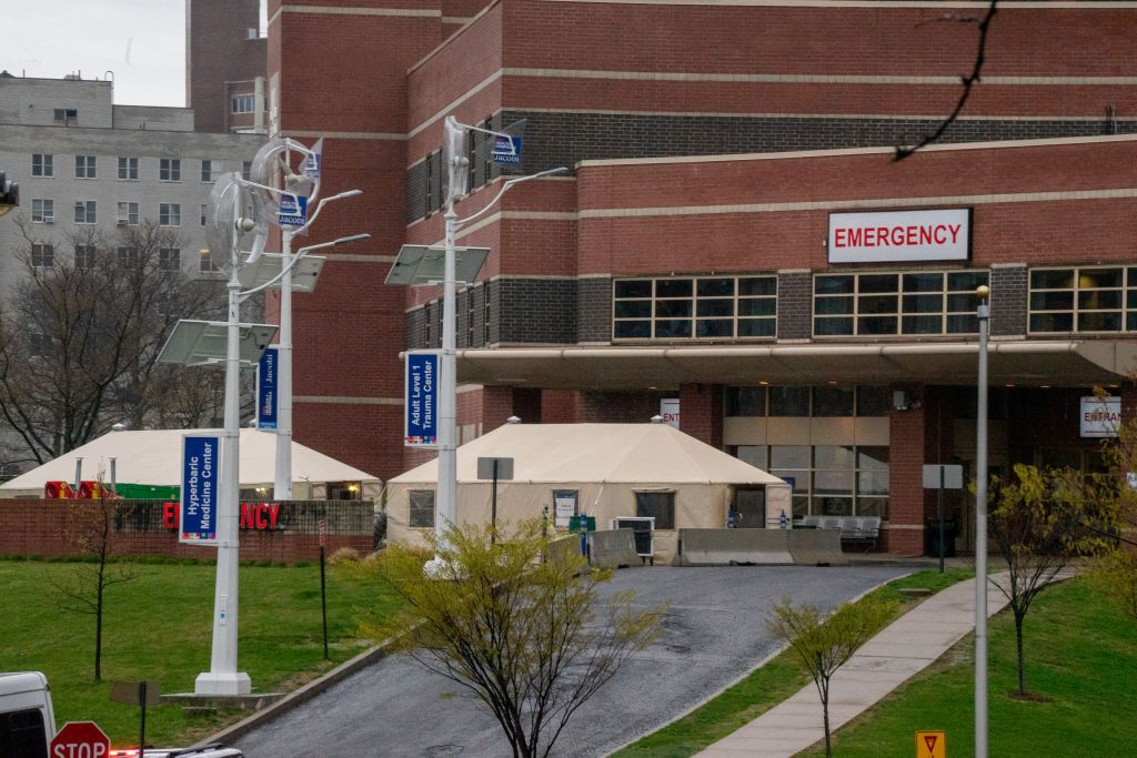 Triage tents outside the emergency room at Jacobi Medical Center on April 9, 2020 in New York City. (Photo by David Di Delgado/Getty Images)