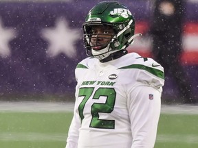 Cameron Clark of the New York Jets looks on during the fourth quarter of a game against the New England Patriots at Gillette Stadium on Jan. 3, 2021 in Foxborough, Mass.