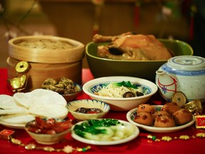 Table set out with food for Chinese New Year feast