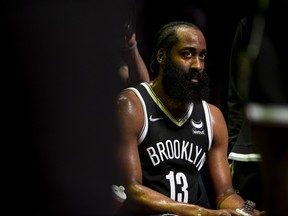 James Harden of the Brooklyn Nets looks on from the bench during action against the Los Angeles Lakers at Barclays Center on Jan. 25, 2022 in the Brooklyn borough of New York City.