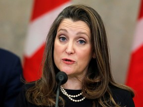 Canada's Deputy Prime Minister and Minister of Finance Chrystia Freeland speaks at a press conference as truckers and their supporters continue to protest against coronavirus disease (COVID-19) vaccine mandates in Ottawa February 17, 2022.