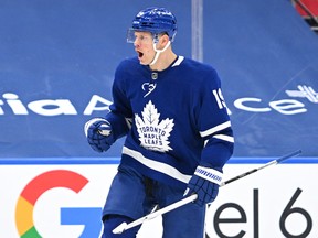 Toronto Maple Leafs forward Jason Spezza (19) celebrates a goal against the New Jersey Devils in the third period at Scotiabank Arena on Jan. 31, 2022.