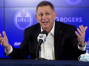 Edmonton Oilers general manager and president of hockey operations Ken Holland speaks to reporters after firing head coach Dave Tippett and replacing him with Jay Woodcroft yesterday. David Bloom/Postmedia