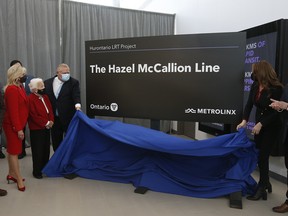 Former Mississauga mayor Hazel McCallion celebrates her 101st birthday on Monday and part of the celebrations involved her name being installed on the $1.4-billion Mississauga Hurontario Line at Cooksville GO Station becoming "The Hazel McCallion Line."  From left: Current mayor Bonnie Crombie, McCallion, Doug Ford,  Ontario Premier, and Caroline Mulroney, Minister of Transportation unveil the signage on Monday, Feb. 14, 2022.