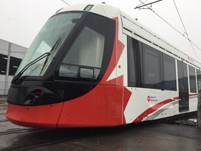 An Alstom Citadis Spirit train is pictured at the Ottawa LRT maintenance and storage facility.
