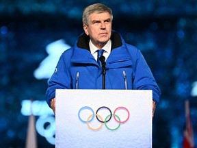International Olympic Committee (IOC) President Thomas Bach delivers a speech during the closing ceremony of the Beijing 2022 Winter Olympic Games.
