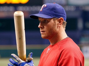Outfielder Josh Hamilton of the Texas Rangers takes batting practice before Game 5 of the ALDS against the Tampa Bay Rays at Tropicana Field on Oct. 12, 2010 in St. Petersburg, Fla.