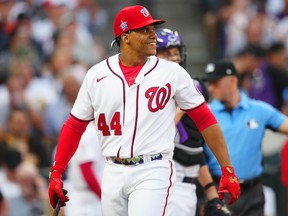 Washington Nationals right fielder Juan Soto reacts during the 2021 MLB Home Run Derby.