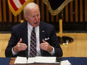 U.S. President Joe Biden speaks during a meeting with Attorney General Merrick Garland, New York City Mayor Eric Adams and New York's Governor Kathy Hochul about gun violence and how to address it at the New York Police Department headquarters in New York City, Feb. 3, 2022.
