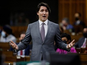 Prime Minister Justin Trudeau speaks during Question Period in the House of Commons on Parliament Hill in Ottawa, Feb. 16, 2022.