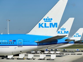 KLM airline airplanes are seen parked in Amsterdam, Netherlands April 2, 2020.