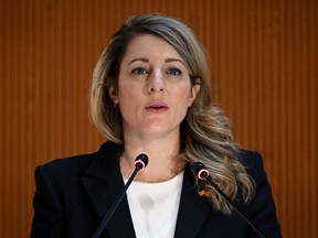 Canadian Foreign Minister Melanie Joly delivers a speech during a session of the UN Human Rights Council, following the Russian invasion in Ukraine, in Geneva, Switzerland February 28, 2022.