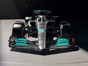 A handout picture released by Mercedes-Benz shows the new Mercedes-AMG F1 W13 during the launch of the Mercedes car for the 2022 season in Silverstone on February 18, 2022.