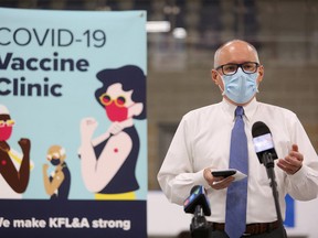 Dr. Kieran Moore spoke to members of the local media during a tour of the COVID-19 vaccination clinic at the Invista Centre on Monday, March 1, 2021.