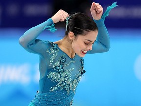 Madeline Schizas of Team Canada reacts during the Women Single Skating Free Skating Team Event.