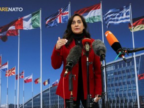Defence Minister Anita Anand gives news briefing after meeting NATO Secretary General Jens Stoltenberg in Brussels, Belgium, Feb. 1, 2022.