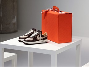 A view of The Louis Vuitton and Nike expression of the “Air Force 1” by Virgil Abloh as Sotheby's is set to auction the sneakers for charity in New York City, Jan. 21, 2022.