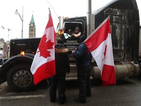 Truckers continue their occupation on the 15th day of the protest in downtown Ottawa, Feb. 11, 2022.