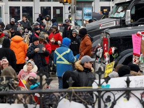 Demonstrators gather in front of Parliament Hill as truckers and their supporters continue to protest against the COVID-19 vaccine mandates, in Ottawa, Tuesday, Feb. 8, 2022.