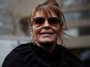 Former Alaska Governor Sarah Palin arrives at a federal court in Manhattan to resume a case against the New York Times after it was postponed because she tested positive for COVID-19 on Feb. 3, 2022 in New York City.