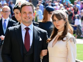 Meghan Markle's friend, actor Patrick J. Adams and wife Troian Bellisario arrive for the wedding ceremony of Prince Harry, Duke of Sussex and Meghan Markle at St. George's Chapel, Windsor Castle, in Windsor, on May 19, 2018.