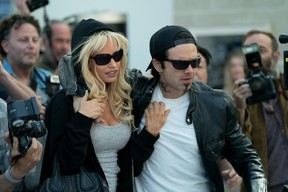 Lily James and Sebastian Stan as Pamela Anderson and Tommy Lee in “Pam & Tommy.”