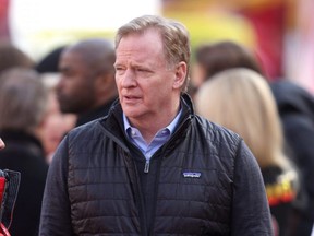 NFL Commissioner Roger Goodell attends the AFC Championship Game between the Chiefs and Bengals at Arrowhead Stadium in Kansas City, Mo., Jan. 30, 2022.