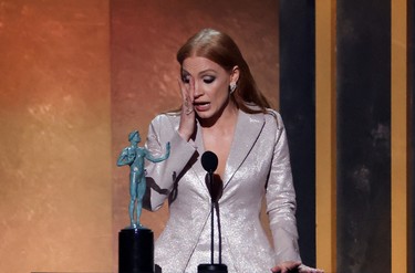 Jessica Chastain receives the award for Outstanding Performance by a Female Actor in a Leading Role for "The Eyes of Tammy Faye" at the 28th Screen Actors Guild Awards, in Santa Monica, Calif., Sunday, Feb. 27, 2022.
