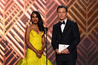 U.S. actress Kerry Washington and US actor Tony Goldwyn speak onstage during the 28th Annual Screen Actors Guild Awards at the Barker Hangar in Santa Monica, Calif., Sunday, Feb. 27, 2022.