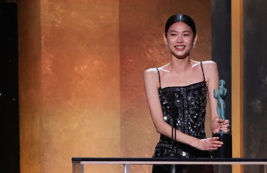 Jung Ho-yeon receives the award for Outstanding Performance by a Female Actor in a Drama Series for "Squid Game" at the 28th Screen Actors Guild Awards, in Santa Monica, Calif., Sunday, Feb. 27, 2022.