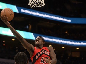 Toronto Raptors forward centre Pascal Siakam drives in during the first half against the Charlotte Hornets at the Spectrum Center in Charlotte, N.C., Feb. 7, 2022.