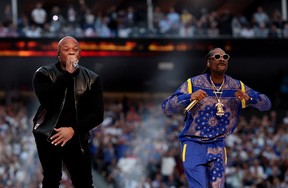 Dr. Dre and Snoop Dogg perform during the halftime show.  MIKE SEGAR/REUTERS