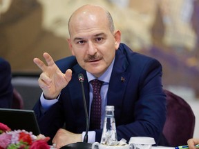 Turkish Interior Minister Suleyman Soylu speaks during a news conference for foreign media correspondents in Istanbul, Turkey, August 21, 2019.